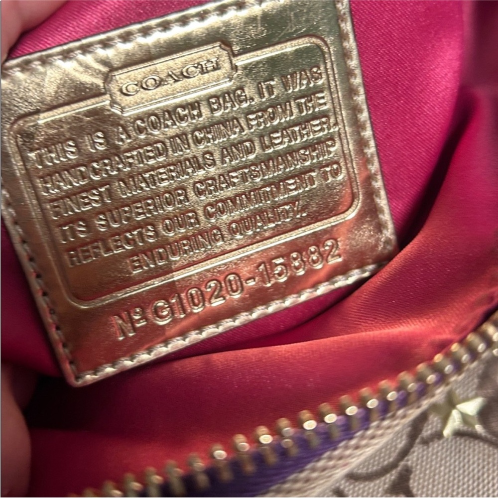 Coach Tan Signature Canvas Tote with Purple Trim and Plaid Scarf - Picture 8 of 9